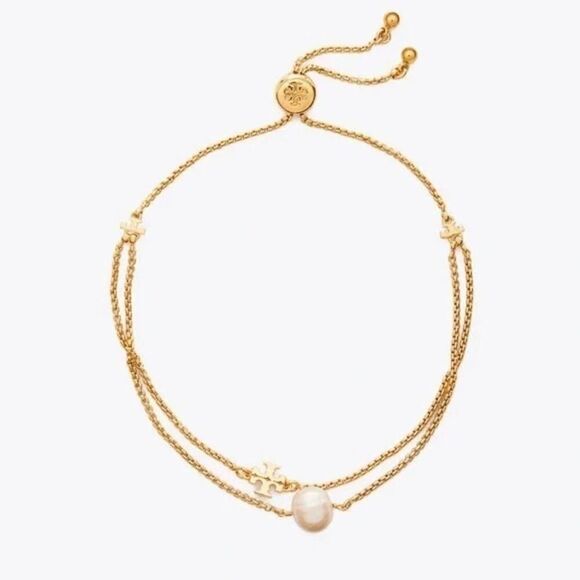 NWOT  Tory Burch Gold Logo & Pearl Adjustable Bracelet - Picture 4 of 10